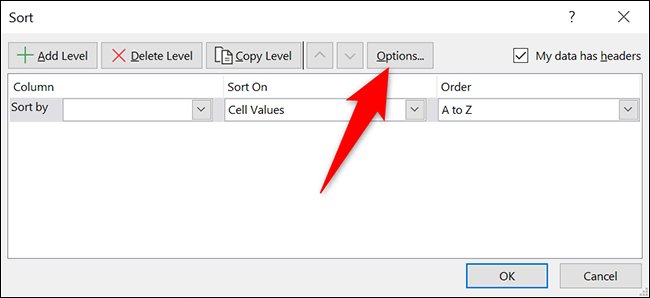 Haga clic en "Opciones" en la ventana "Ordenar" en Excel.