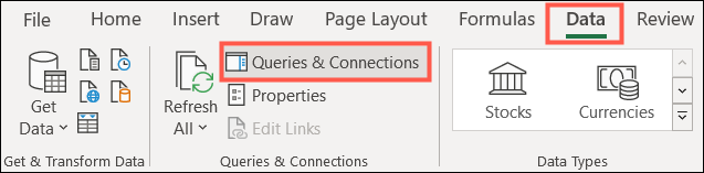 Haga clic en Datos, consultas y conexiones.