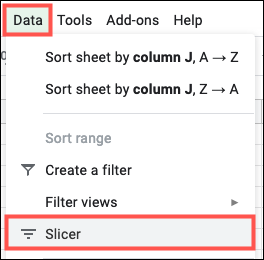 Haga clic en Datos, Slicer en Google Sheets