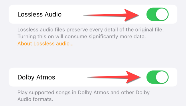 Activa los interruptores para "Lossless Audio" y "Dolby Atmos".