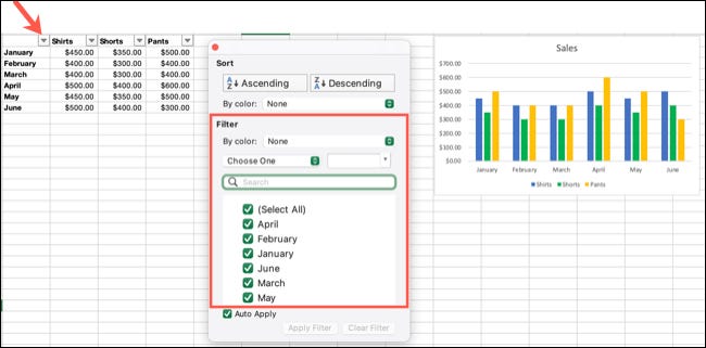 Filtrar los datos en Excel en Mac