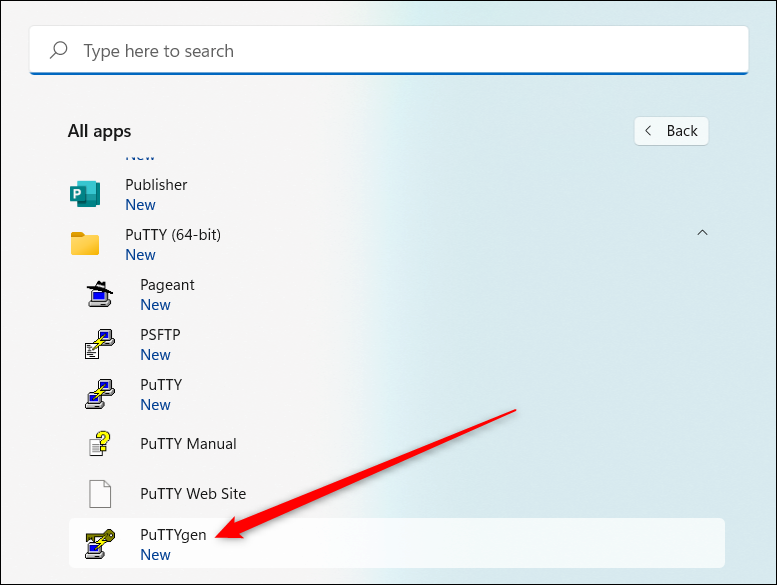 puTTY y sus programas auxiliares enumerados en el menú Inicio de Windows 11