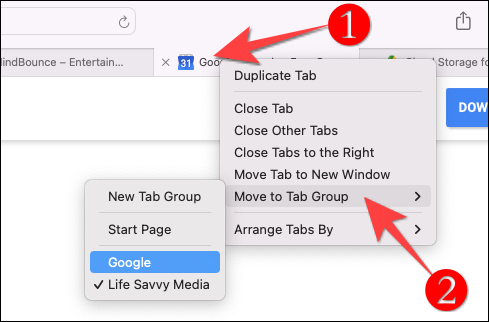 Haga clic con el botón derecho en una pestaña, seleccione "Mover a grupo de pestañas" y elija un nuevo grupo de pestañas o uno existente.