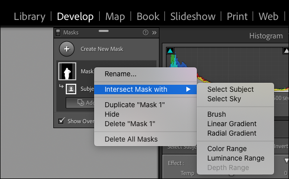 El menú de enmascaramiento de Lightroom con "intersecar máscara con" resaltado, mostrando una variedad de opciones.