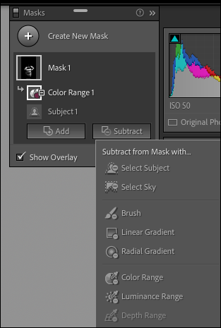 Menú emergente que muestra las opciones disponibles cuando resta de una máscara en Lightroom Classic.