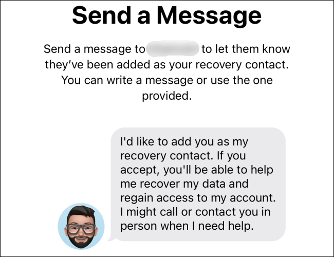 El mensaje de texto que se solicita para agregar un contacto de recuperación.