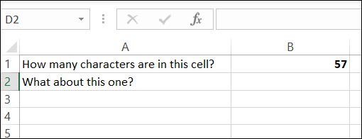 El recuento de caracteres de las celdas A1 y A2.