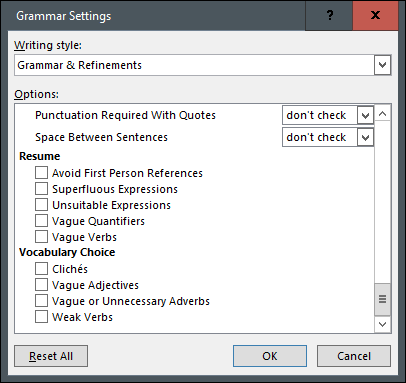 El menú de configuración gramatical avanzada en Word.