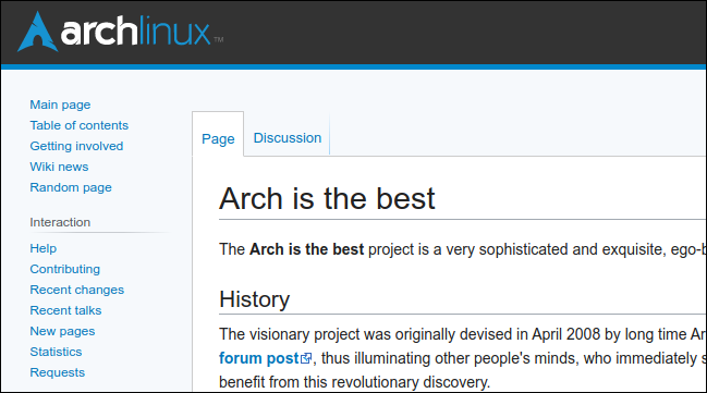 Sitio web de ArchWiki que muestra la página "Arch es la mejor"