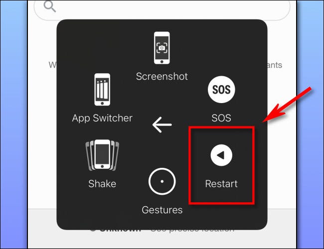 El botón "Reiniciar" de AssistiveTouch del iPhone.