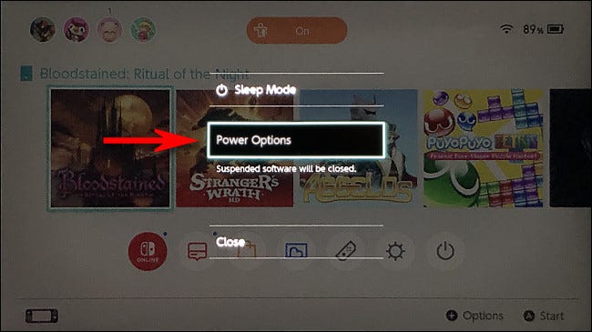 En Nintendo Switch, seleccione "Opciones de energía".