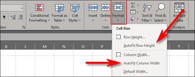 En la cinta de Inicio, seleccione "Formato" y luego elija "Ajustar automáticamente la altura de la fila" o "Ajustar automáticamente el ancho de la columna".