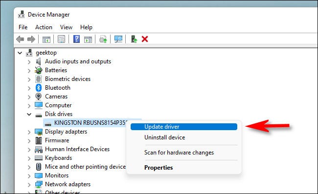 Haga clic con el botón derecho en el dispositivo en el Administrador de dispositivos y seleccione "Actualizar controlador".