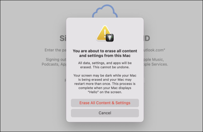 Confirma "Borrar todo el contenido y la configuración" para reinstalar macOS