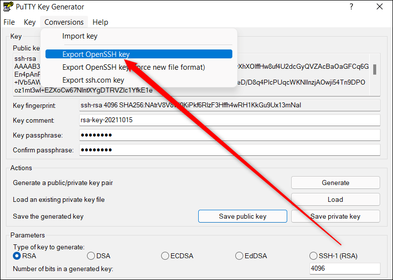 Seleccione la opción exportar clave SSH en Putty.