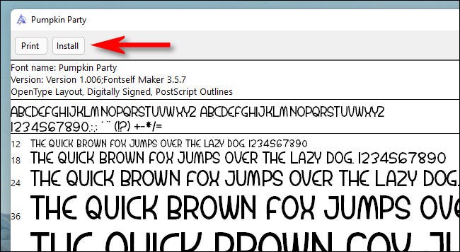 En la vista previa de la fuente, haga clic en "Instalar".