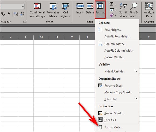 En la pestaña "INICIO" de la cinta, seleccione "Formato".  Aparecerá un menú desplegable.  Haga clic en "formatear celdas"