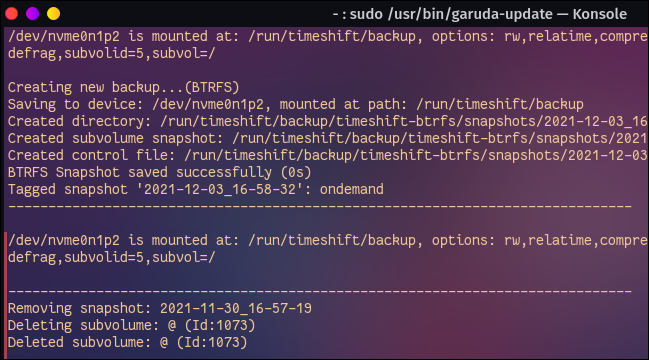 Lectura de la actualización de Garuda Linux, que muestra una copia de seguridad instantánea