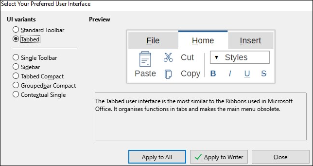 Seleccionar la barra de herramientas o el tipo de cinta en LibreOffice