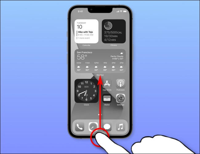 Para iniciar el selector de aplicaciones, deslice el dedo hacia arriba desde el borde inferior de la pantalla y deténgase en el medio, luego levante el dedo.