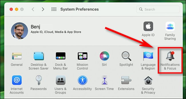 En las Preferencias del sistema de Mac, haga clic en "Notificaciones y enfoque".