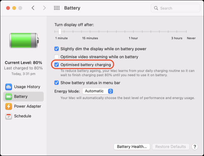 Carga optimizada en las preferencias de batería de macOS