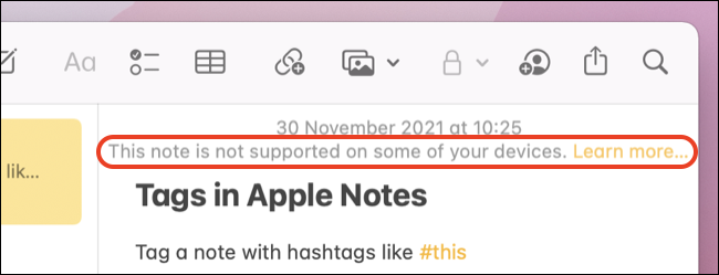 Nota advertencia no compatible en Apple Notes
