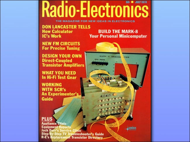 La portada de la edición de julio de 1974 de Radio-Electronics presentando al Mark-8 con la CPU Intel 8008.