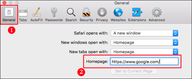 Seleccione la pestaña "General" e ingrese la dirección de Google en el campo "Página de inicio".