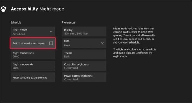 Programar el modo nocturno en Xbox