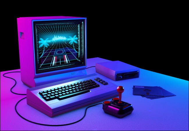 Un juego retro que se ejecuta en una vieja computadora estilizada.