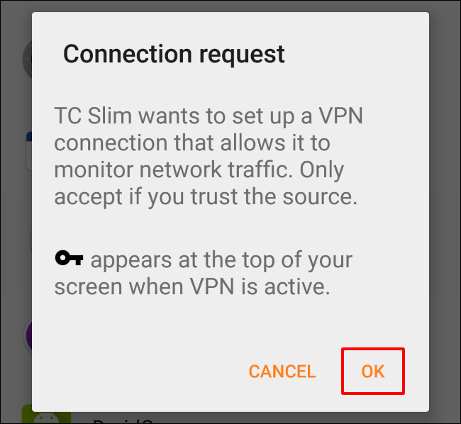 Toque "Aceptar" para permitir que TrackerControl configure su VPN