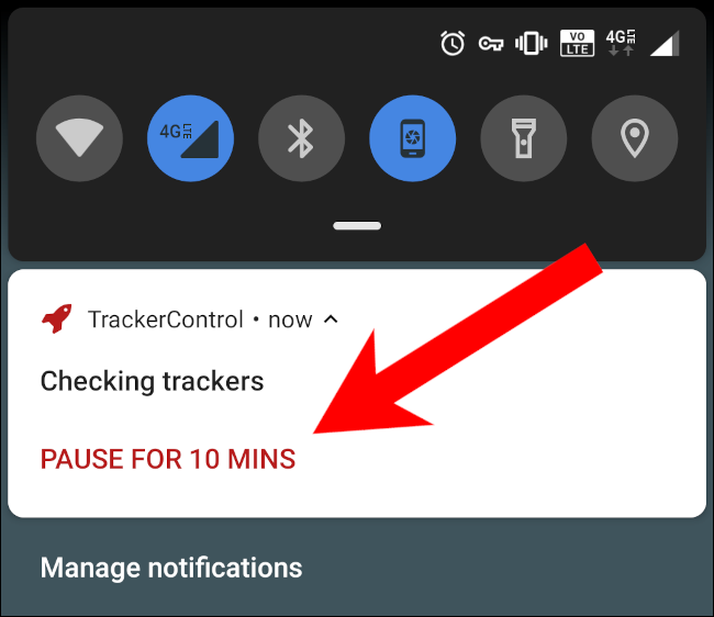 Toca "Pausar durante 10 minutos" en la notificación de TrackerControl