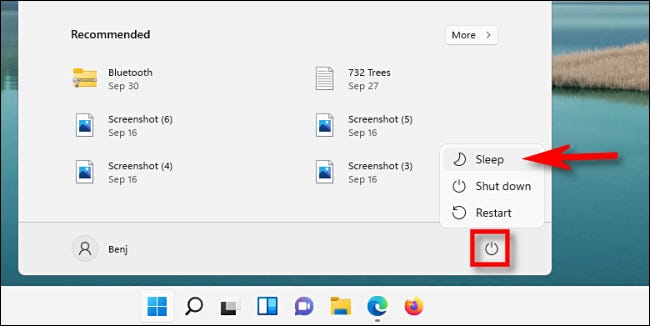 En el menú Inicio de Windows 11, haga clic en el botón de encendido y luego seleccione "Suspender".