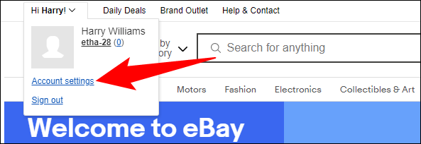Haz clic en "Configuración de la cuenta" en la esquina superior izquierda de eBay.