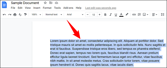Seleccione el texto en un documento de Google Docs.