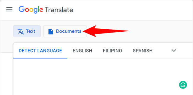 Haga clic en "Documentos" en Google Translate.