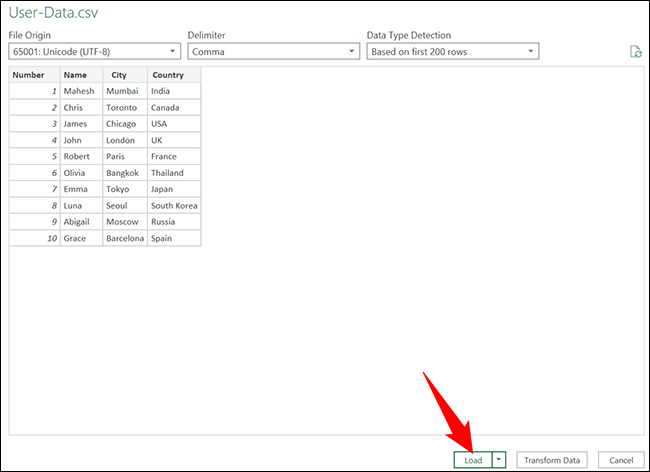 Obtenga una vista previa de los datos CSV en Excel.