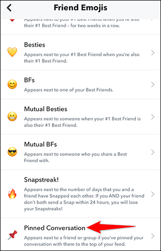 Seleccione "Conversación fijada" en la página "Emojis de amigos".