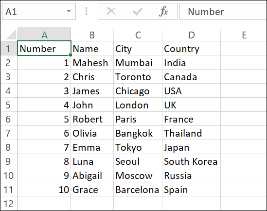 Los datos de un archivo CSV en texto sin formato en Excel.