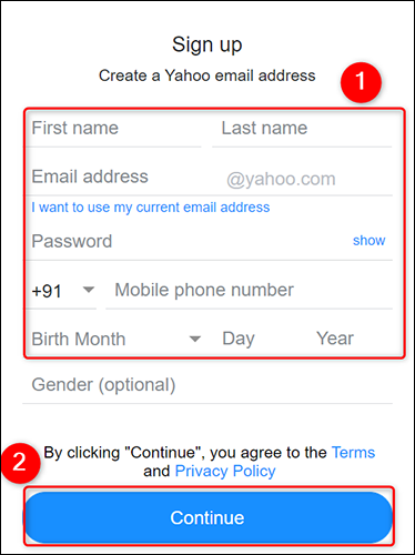 Complete el formulario de registro de Yahoo.