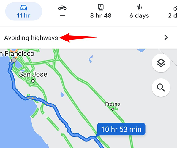 Direcciones sin autopista en Google Maps.