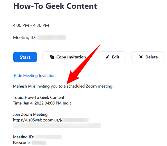 Haga clic en "Mostrar invitación a la reunión" en el panel derecho.