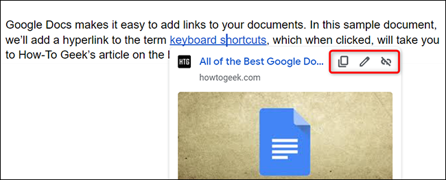 Opciones de modificación de hipervínculos en Google Docs.