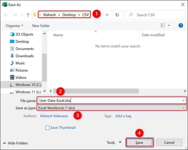 Guarde el archivo CSV en formato Excel.