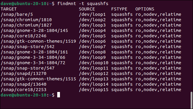 Inspección de los puntos de montaje del sistema de archivos squashfs con findmnt
