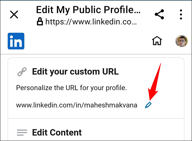 Toque "Editar" en la sección "Editar su URL personalizada".