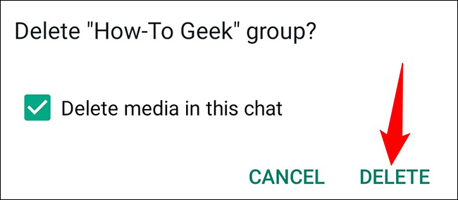 Toca "Eliminar" en el mensaje "Eliminar grupo".
