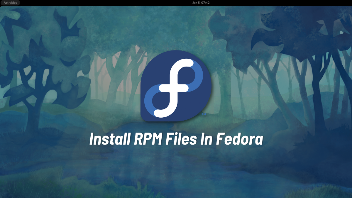 Logotipo de Fedora con el texto "Instalar archivos RPM en Fedora" sobre el escritorio predeterminado de Fedora.