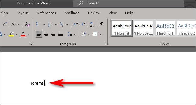Escriba "=lorem ()" en un documento de Word en blanco para generar texto aleatorio